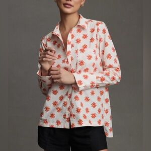Anthropologie White Button-Up Shirt with Orange Daisy Print